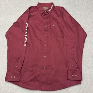 Ariat Team Logo Shirt Mens Large Red Twill Long Sleeve Button Down Western
